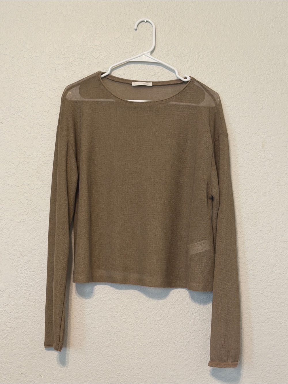 Zara Olive Long Sleeve Sheer-Shoulder Knit Top
